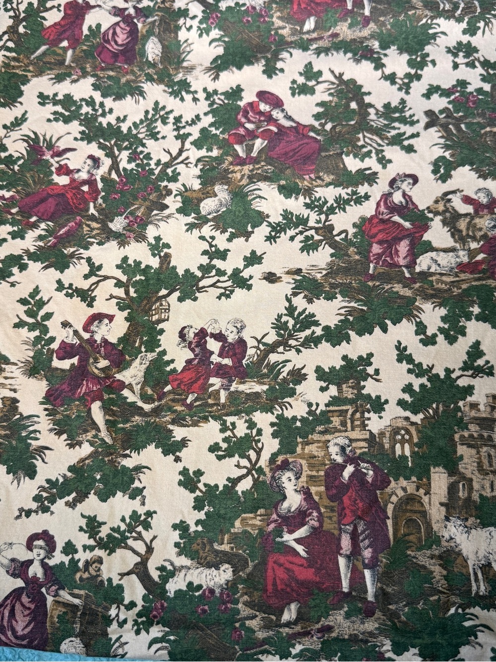 Source Unknown Burgundy and Green Toile Fabric Panel